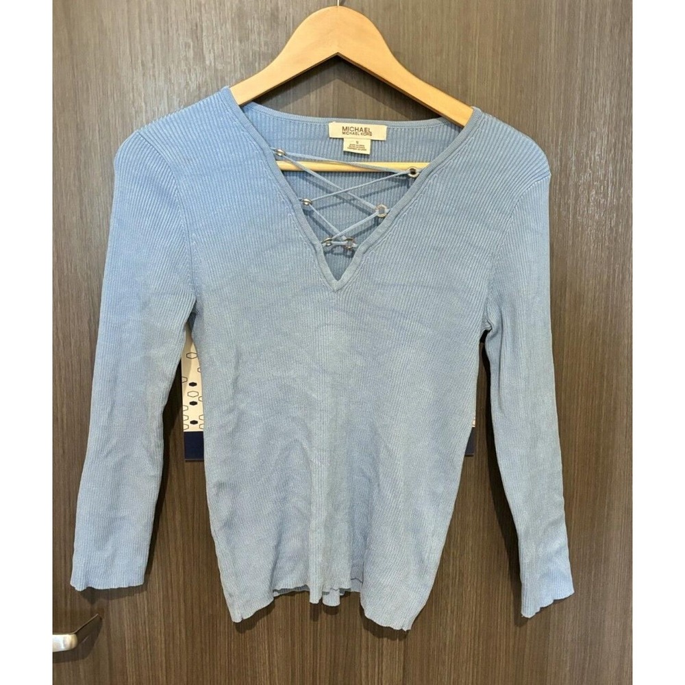 Michael‎ Kors Sweater Womens Small Light Blue V-Neck Y2k Tie Criss Cross Ribbed